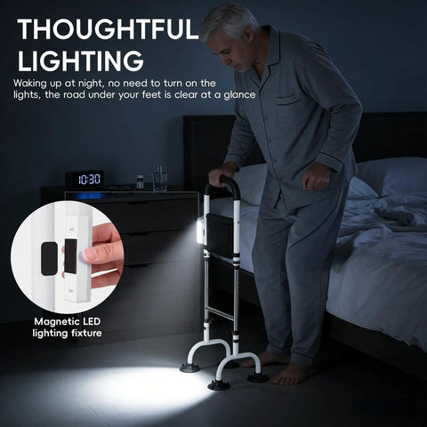 Stand Assist Aid For Elderly With Adjustable Height, Night Light, Two Bases, shown next to bed with clock at 10:30 PM