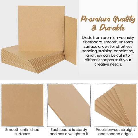 Smooth Unfinished Mdf Craft Boards 24 Pack 12 By 12 Inches 1/8 Inch Thick Medium Density Fiberboard Sheets stacked with smooth surfaces.