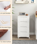 Five Drawer Rolling Storage Cart On Wheels White Plastic Organizer For Home Office And Living Room Mobile Cabinet With Three Large And Two Small Drawers Durable Vertical Storage Tower 16x13x31 next to a desk, highlighting easy-to-pull handles and smooth rounded edges.