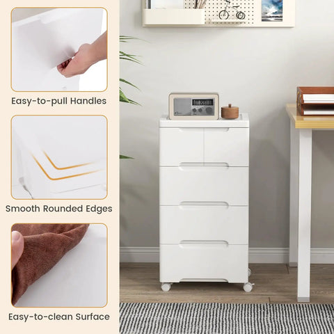 Five Drawer Rolling Storage Cart On Wheels White Plastic Organizer For Home Office And Living Room Mobile Cabinet With Three Large And Two Small Drawers Durable Vertical Storage Tower 16x13x31 next to a desk, highlighting easy-to-pull handles and smooth rounded edges.
