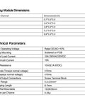 Technical specifications for 4 Channel Relay Module For Industrial Automation SPDT DIN Rail Mount 24V DC AC Interface Board shown in chart format.