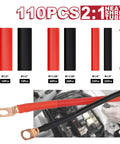 Beefy Battery Cable Lug Crimping Tool Kit showing 110 heat shrink tubes in various sizes and cables with lugs installed in an engine bay.