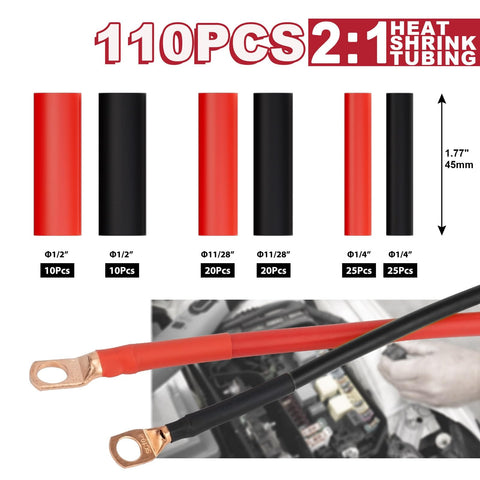 Beefy Battery Cable Lug Crimping Tool Kit showing 110 heat shrink tubes in various sizes and cables with lugs installed in an engine bay.