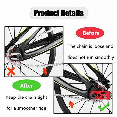 Before and after comparison using Chain Tensioner Adjuster For Single Speed Bikes Fixie And BMX With Dope Aluminum Alloy Build.