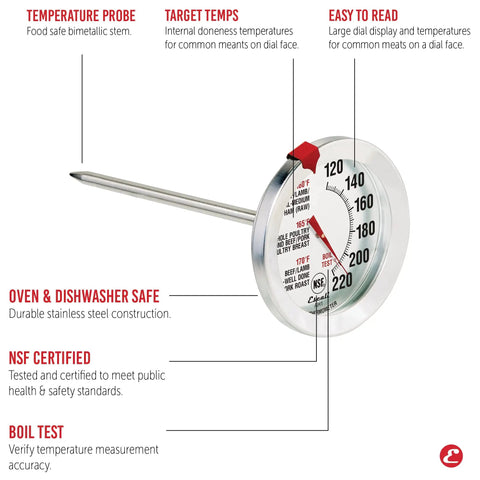 Stainless Steel Oven Safe Meat Thermometer With Extra Large 2.5 Inch Dial And Clear Temperature Labels For Beef Poultry Pork And Veal Pro Grade Kitchen Tool Chefs Rely On Silver NSF Certified with labeled features.