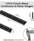 Heavy Duty Rock Solid 10 Inch Continuous Piano Hinges Built Tough From Premium Black Stainless Steel With Included Screws For Cabinet Doors And Home Workshop Makeover Two Pack, showing dimensions and screws.