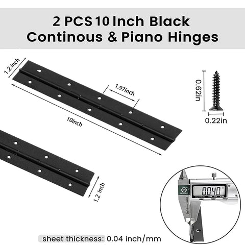 Heavy Duty Rock Solid 10 Inch Continuous Piano Hinges Built Tough From Premium Black Stainless Steel With Included Screws For Cabinet Doors And Home Workshop Makeover Two Pack, showing dimensions and screws.