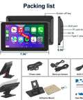 Wireless CarPlay Screen With Fast Auto Connect 7 Inch Portable Android Auto Display For Your Car Backup Camera Bluetooth Audio Voice Assistant GPS Navigation with packing list and accessories.