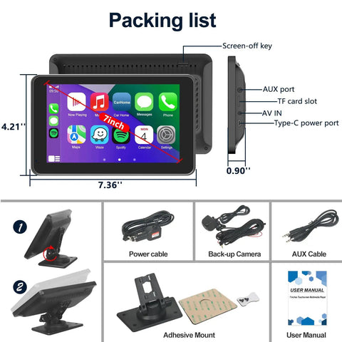 Wireless CarPlay Screen With Fast Auto Connect 7 Inch Portable Android Auto Display For Your Car Backup Camera Bluetooth Audio Voice Assistant GPS Navigation with packing list and accessories.