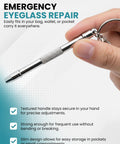 Close-up of a hand holding the Silver Stainless Steel Eyeglass Repair Kit with 5 in 1 Mini Precision Screwdriver Set on keychain.