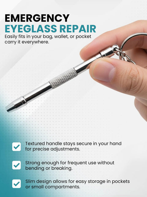 Close-up of a hand holding the Silver Stainless Steel Eyeglass Repair Kit with 5 in 1 Mini Precision Screwdriver Set on keychain.