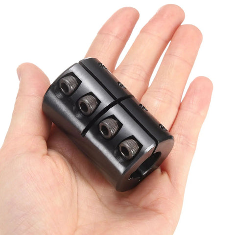 Rigid Shaft Coupling Five Eighths To Five Eighths Bore Outside Diameter One And Five Sixteenths Inch Two Inches Long Black Oxide Coated Single Split Clamping With Set Screws 10-32 By One Half Inch Perfect For 3D Printer Motors And Wheel Drives, black shaft coupling in hand