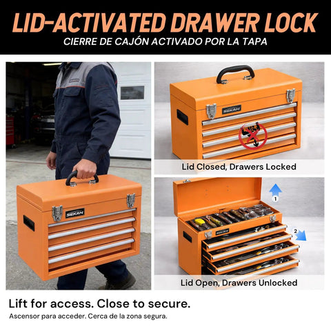 Man carrying 5-Drawer Rolling Tool Chest with Wheels Top Chest and Bottom Cabinet Locking Door Side Tray Pegboard Hooks for Garage Workshop Storage and Organization closed, showing lock mechanism.