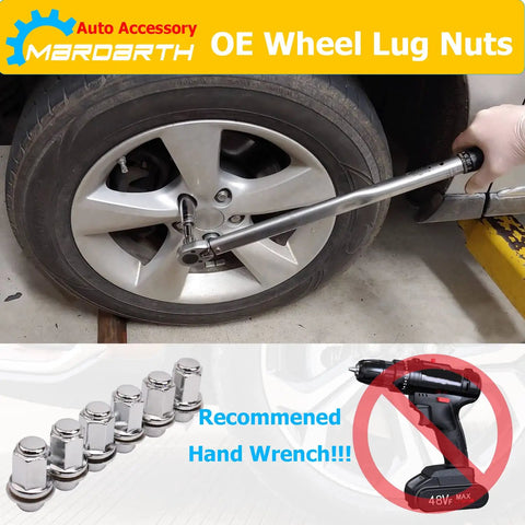 Set Of 24 OEM Mag Washer Lug Nuts 12x1.5 Thread, 13/16 Hex, 1.85 Inch Length For Toyota used with hand wrench on wheel