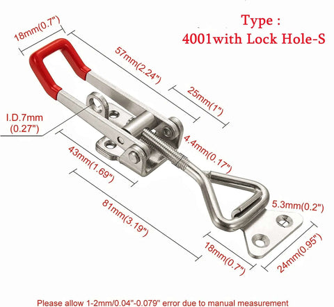 Beefy Heavy Duty Stainless Steel 304 Adjustable Toggle Clamp Catch With Lock Hole, Quick Release Anti Slip Push Pull Clasp, diagram