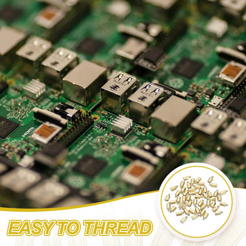 Heavy Duty M2.5 Hex Brass Standoff Spacers Featuring Snappy Female Threads And Shiny Gold Plating A Total No Brainer For FPV Racing Drones PC Mods And Tech Hacks 50 Pack on a circuit board.