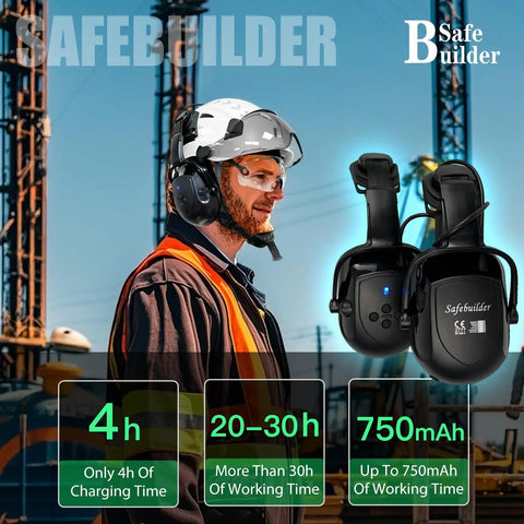Cap Mounted Ear Muffs For Hard Hats With 29dB SNR Adjustable Helmet Attachments Black Safety Earmuffs Lets You Rock Out To Tunes Hands Free With Smartphone While You Work Great Hearing Protection displayed on a worker's helmet and standalone.