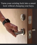 Person using handle to turn your deadbolt into a smart lock without replacing keys or hardware with Matter over Thread and Apple Home Key.
