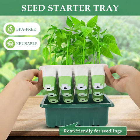 Hands holding Indoor Seed Starter Kit With 48 Cells Flexible Silicone Trays Germination Tray With Humidity Dome And Lids