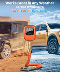 Front view of ETENWOLF T600 digital tire pressure gauge with orange housing, brass connector, and red hose, 0-250 PSI.