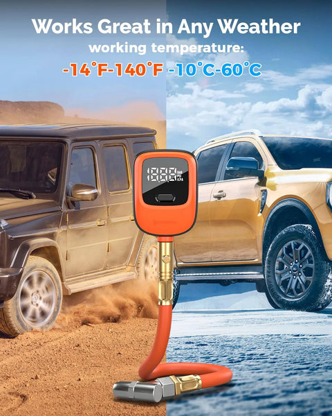 Front view of ETENWOLF T600 digital tire pressure gauge with orange housing, brass connector, and red hose, 0-250 PSI.
