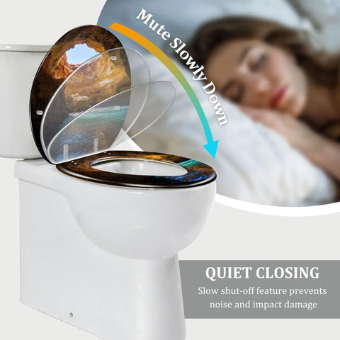 Laid Back Tropical Paradise Round Resin Toilet Seat Cover With Smooth Slow Close Action And Snappy Quick Release Hinges for standard toilets.