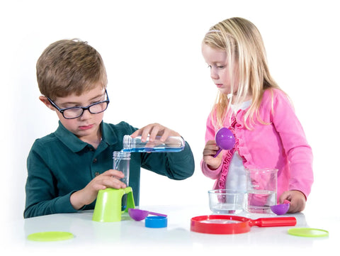 Kids First Science Lab Kit For Preschoolers Ages 3 And Up With 24 Durable Colorful Plastic Tools being used by children