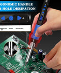 Using Blue 80W Adjustable Temperature Soldering Iron Kit with ergonomic handle on circuit board