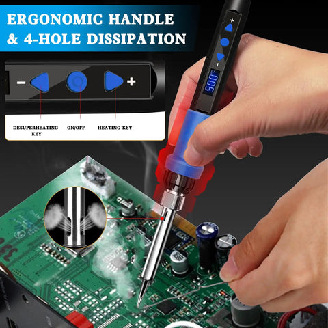 Using Blue 80W Adjustable Temperature Soldering Iron Kit with ergonomic handle on circuit board