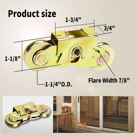 Two Set Gliding Patio Door Tandem Roller Assembly Replaces 1997061 And Is Compatible With 200 Series Perma Shield Narroline And 400 Series Frenchwood Gliding Doors Since 1982 Featuring One And A Quarter Inch Steel Ball Bearing And Side Adjustable, shown with measurements and patio door installation