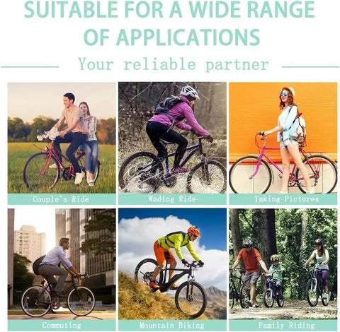 Collage of different cycling activities with various bicycles, featuring leisure rides, mountain biking, and commuting.