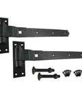 Heavy Duty Hook And Band Hinges For Shed Barn Gates Badass Durability And Sturdy As Heck Solid Black Metal Hardware with screws and bolts.