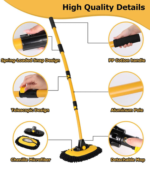 Chenille Microfiber Car Wash Brush Mop Kit With Long Handle And Extension Pole, showing telescopic design and detachable mop.