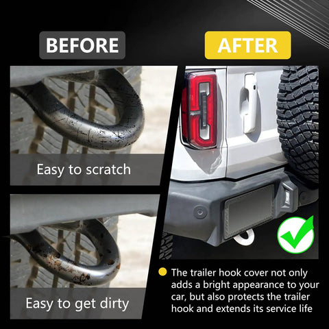 Comparison showing tow hook before and after installing Tow Hook Covers Hitch Cover For Ford F-150 2004-2025 And Bronco 2021-2025