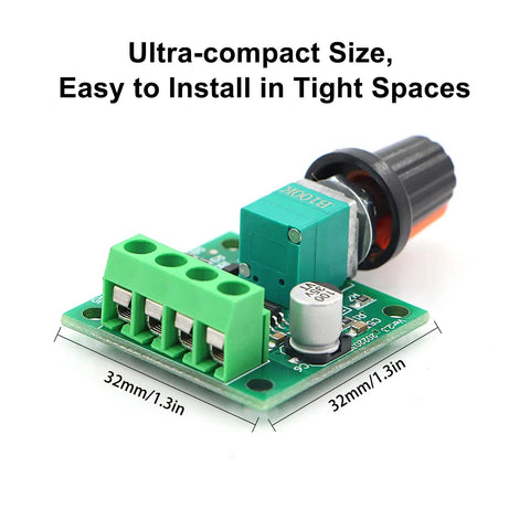 Premium PWM DC Motor Speed Controller Ver 2.0 1.8V to 12V, ultra-compact size, with green terminal and black knob