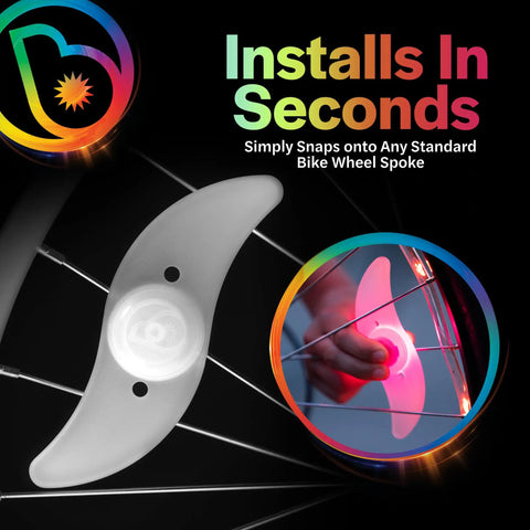 Color Changing LED Bike Spoke Lights 2 Pack for Night Riding Wheel Rim Lights on bike wheel, installation close-up.