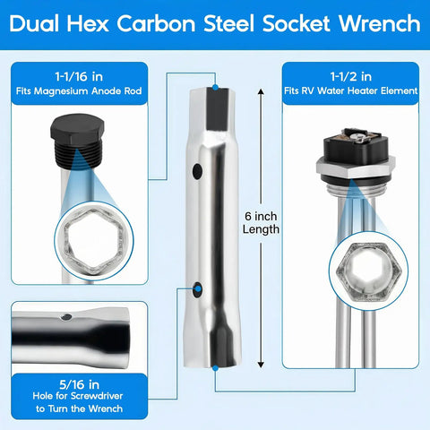 Dual Hex Carbon Steel Socket Wrench 6 inch for Built Tough RV Water Heater Repair Kit with Magnesium Anode and Heating Element