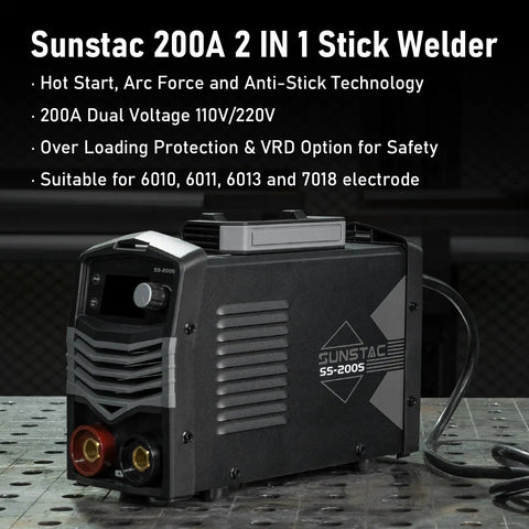 Sunstac 200A 2 In 1 Stick Welder with dual voltage 110V/220V shown on metal table, close-up view