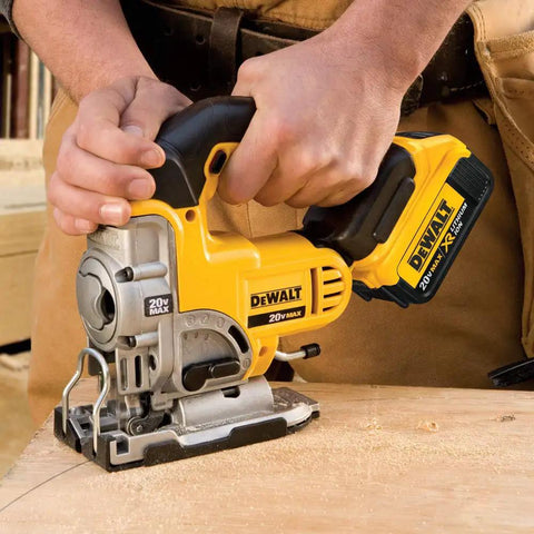 Cordless Jigsaw 20V Max Tool Only, All Metal Lever Action Blade Change, in use on wood surface, hands holding tool