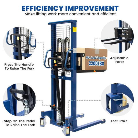 Manual Pallet Stacker 2200 Lbs Capacity Hand Pallet Forklift With 63 Inch Lift Height, adjustable forks and foot brake, blue steel frame.