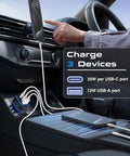 Super Slim 3 Port USBC Car Charger With Dual PD 20W Fast Charging And Quick Charge Adapter charging devices in a vehicle.