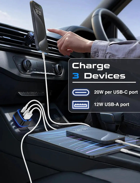 Super Slim 3 Port USBC Car Charger With Dual PD 20W Fast Charging And Quick Charge Adapter charging devices in a vehicle.