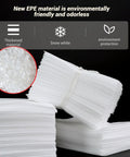 Stacks of 100 Pack 8x10 Inch Cushion Foam Pouches For Dish Packing And Moving, made from EPE material, with thickness details.