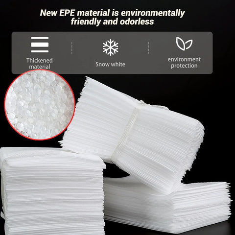 Stacks of 100 Pack 8x10 Inch Cushion Foam Pouches For Dish Packing And Moving, made from EPE material, with thickness details.