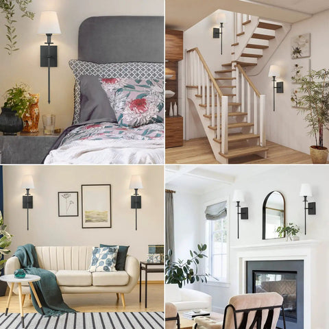 Two Pack Slim Wall Sconces With White Fabric Shades Plug In Or Hardwired Indoor Wall Lights Matte Black Bedside Lanterns in cozy rooms