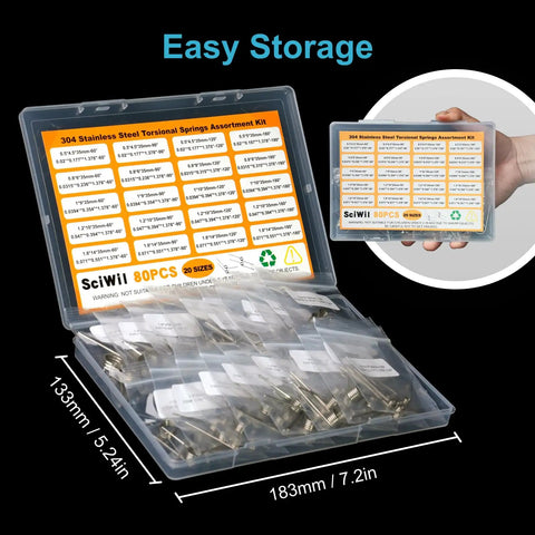 80 Piece Torsion Spring Assortment Kit Featuring 20 Sizes And 60 90 120 180 Degree Small Stainless Steel Torsion Springs For Crafting And Diy Repairs, Rust Resistant Pro Grade Tiny Springs For Projects in labeled case.