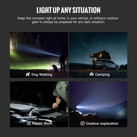 Scenes of rechargeable 4720 lumen LED flashlight with USB-C in dog walking, camping, repair work, and outdoor exploration.