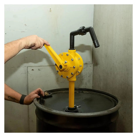 Hand Crank Manual Oil Pump Self Priming Drum Extractor For Diesel Gasoline Corrosion Resistant in use, yellow engineered plastic, one hand operation.