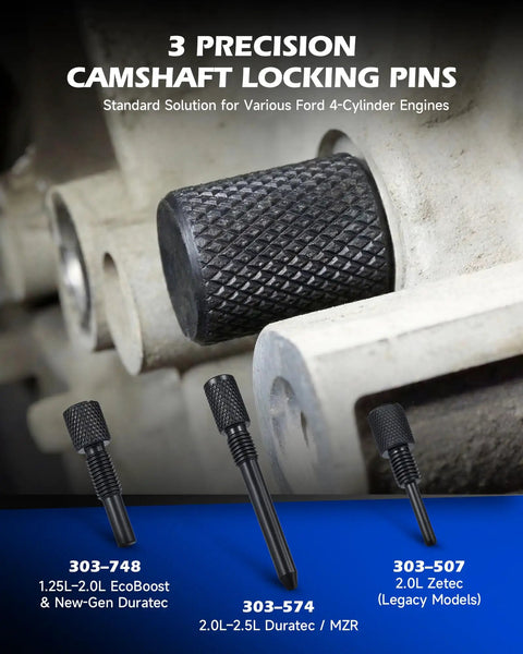 Ford EcoBoost 3.5L and 3.7L 4V Timing Tool Kit Camshaft Locking Set close-up on camshaft locking pins detail