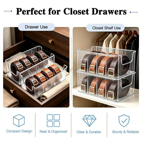 Hella Convenient Belt Organizer 2 Pack With Smart Drawer Compartments For Closet Storage, clear acrylic bins holding belts.
